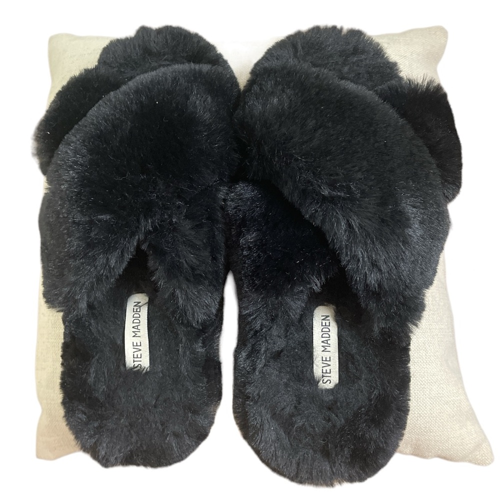 Steve Madden Black Fur Slippers